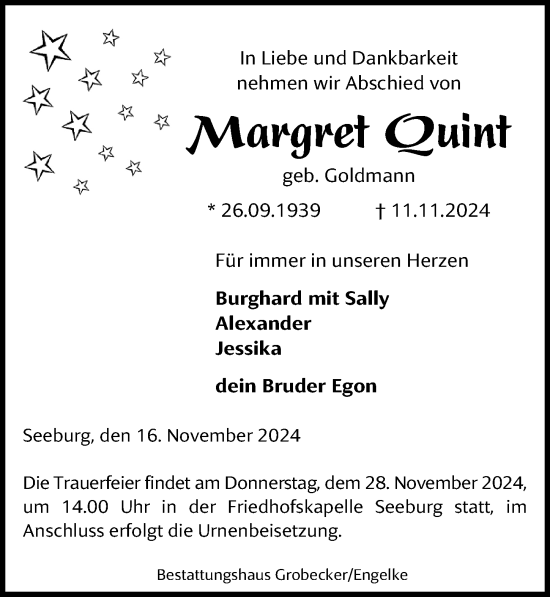 Traueranzeige von Margret Quint von Eichsfelder Tageblatt