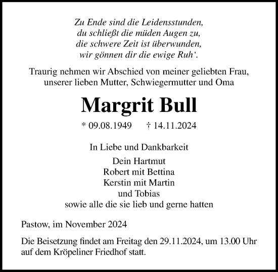 Traueranzeige von Margrit Bull von Ostsee-Zeitung GmbH