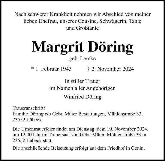 Traueranzeige von Margrit Döring von Lübecker Nachrichten