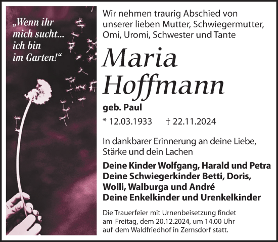 Traueranzeige von Maria Hoffmann von Märkischen Allgemeine Zeitung