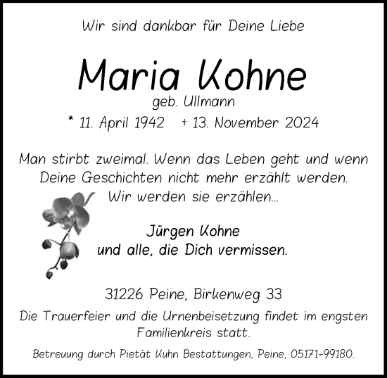 Traueranzeige von Maria Kohne von Peiner Allgemeine Zeitung