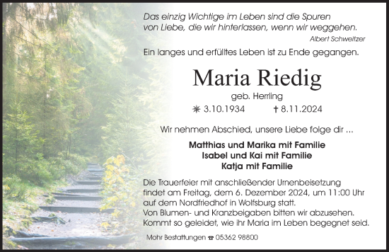 Traueranzeige von Maria Riedig von Aller Zeitung