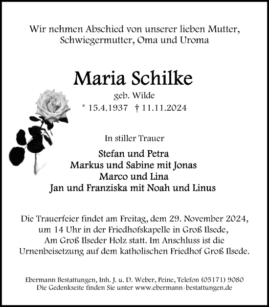 Traueranzeige von Maria Schilke von Peiner Allgemeine Zeitung