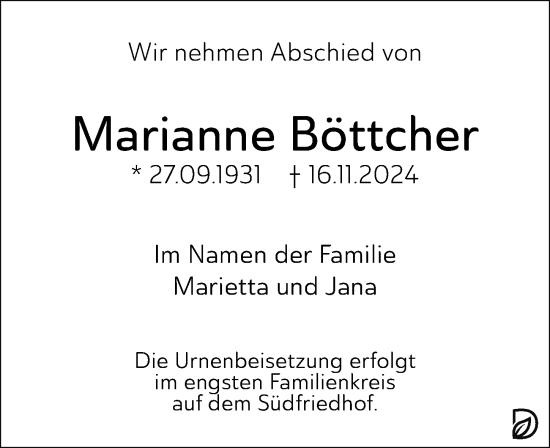 Traueranzeige von Marianne Böttcher von Leipziger Volkszeitung