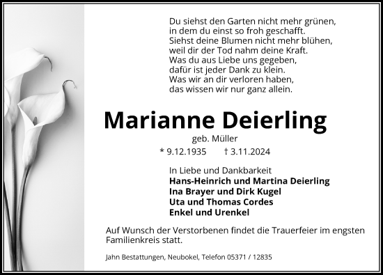 Traueranzeige von Marianne Deierling von Aller Zeitung