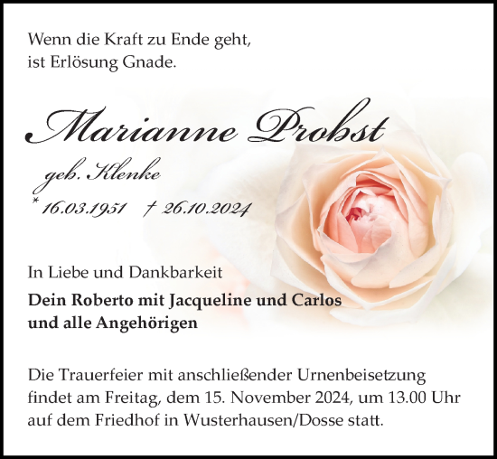 Traueranzeige von Marianne Probst von Wochenspiegel