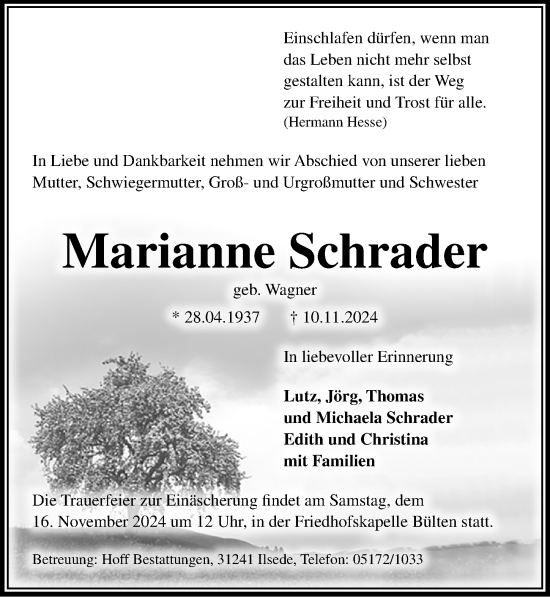 Traueranzeige von Marianne Schrader von Peiner Allgemeine Zeitung