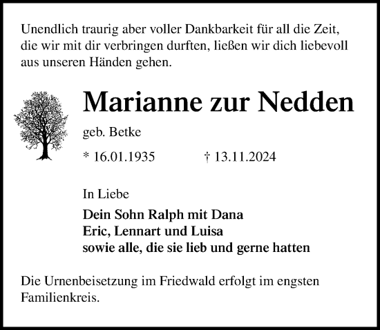 Traueranzeige von Marianne zur Nedden von Ostsee-Zeitung GmbH