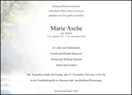 Traueranzeige von Marie Asche von Schaumburger Nachrichten