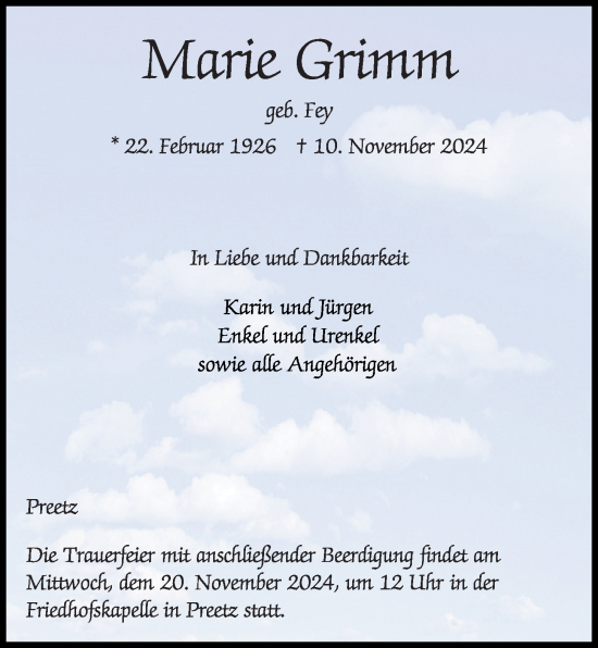 Traueranzeige von Marie Grimm von Kieler Nachrichten