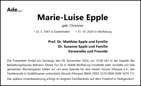 Traueranzeige von Marie-Luise Epple von Aller Zeitung