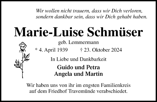 Traueranzeige von Marie-Luise Schmüser von Lübecker Nachrichten