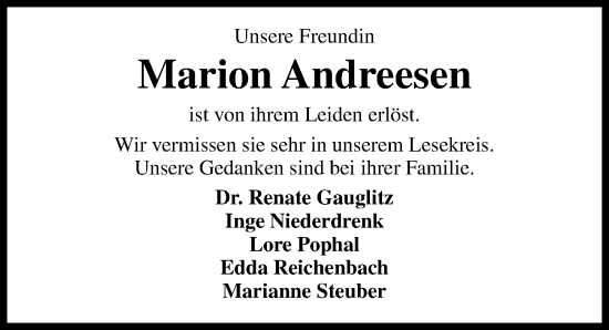 Traueranzeige von Marion Andreesen von Göttinger Tageblatt