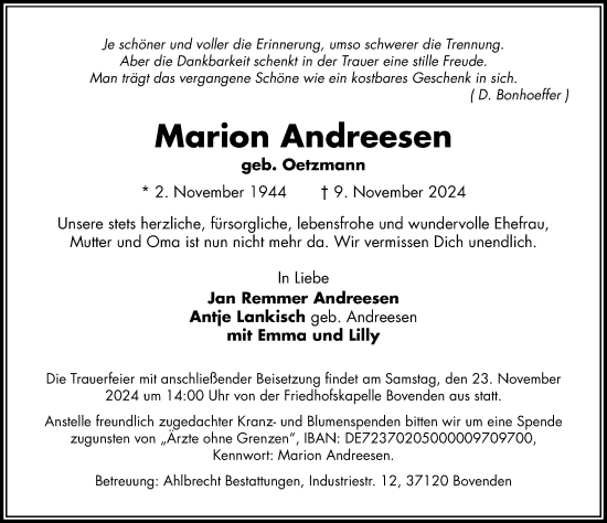 Traueranzeige von Marion Andreesen von Göttinger Tageblatt