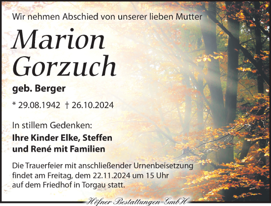 Traueranzeige von Marion Gorzuch von Torgauer Zeitung