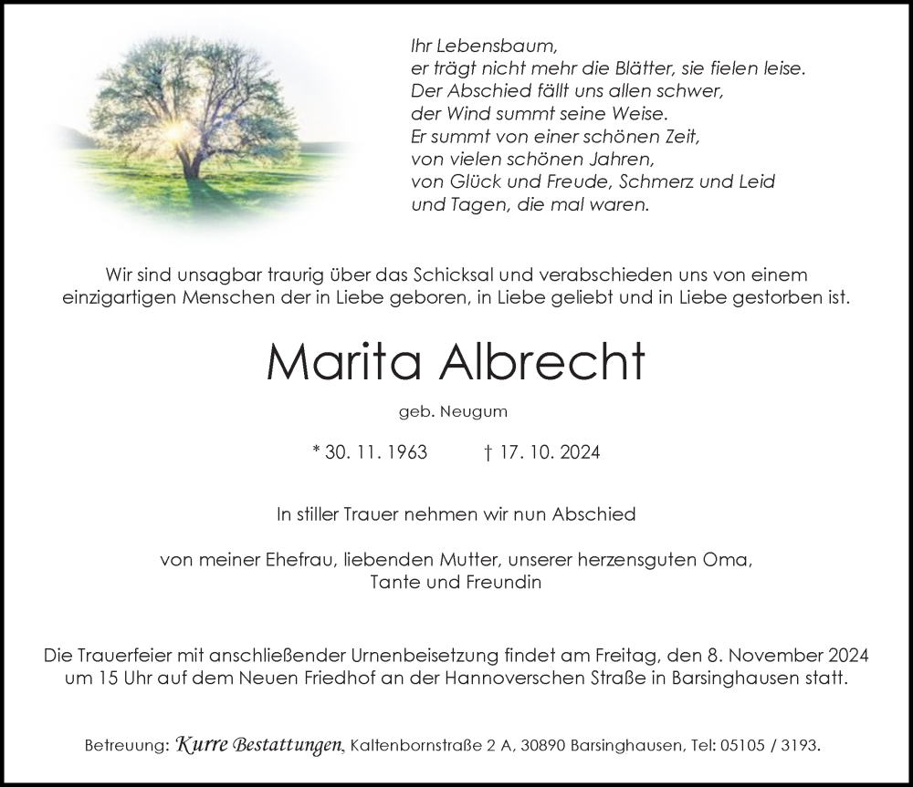  Traueranzeige für Marita Albrecht vom 02.11.2024 aus Hannoversche Allgemeine Zeitung/Neue Presse