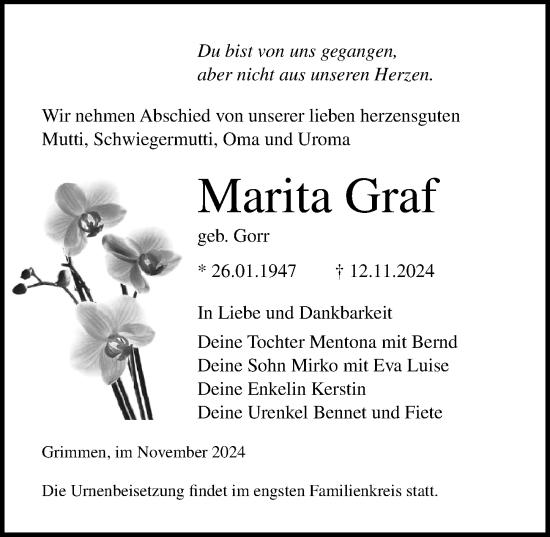 Traueranzeige von Marita Graf von Ostsee-Zeitung GmbH