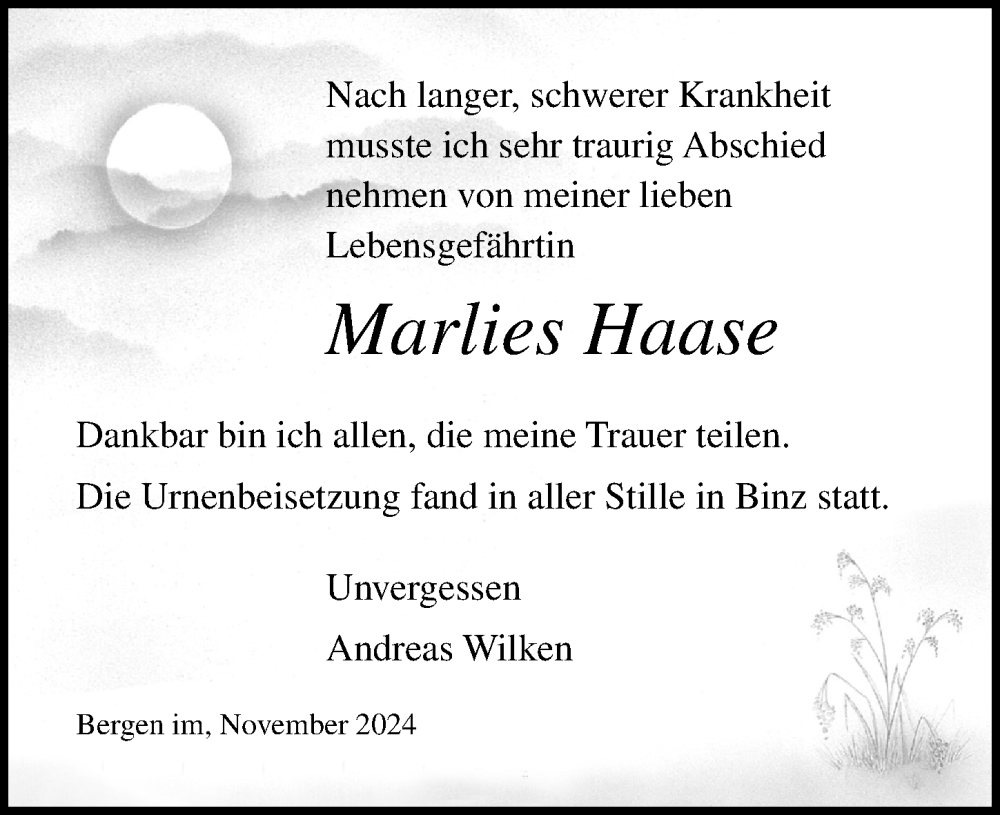  Traueranzeige für Marlies Haase vom 23.11.2024 aus Ostsee-Zeitung GmbH