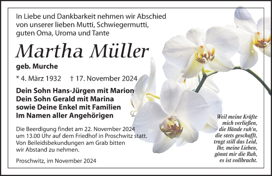 Traueranzeige von Martha Müller von Torgauer Zeitung