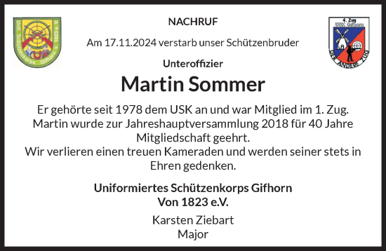 Traueranzeige von Martin Sommer von Aller Zeitung