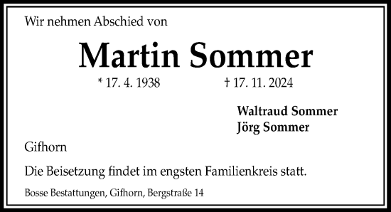 Traueranzeige von Martin Sommer von Aller Zeitung