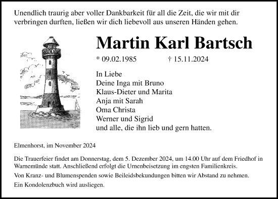 Traueranzeige von Martin Karl Bartsch von Ostsee-Zeitung GmbH