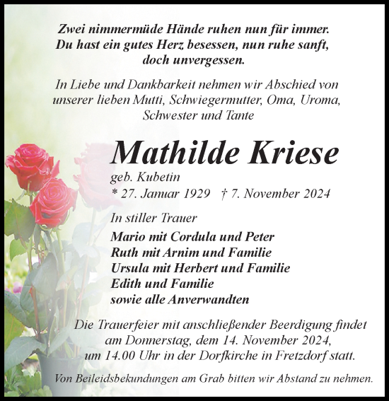 Traueranzeige von Mathilde Kriese von Märkischen Allgemeine Zeitung