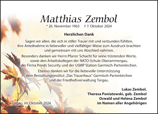 Traueranzeige von Matthias Zembol von Torgauer Zeitung