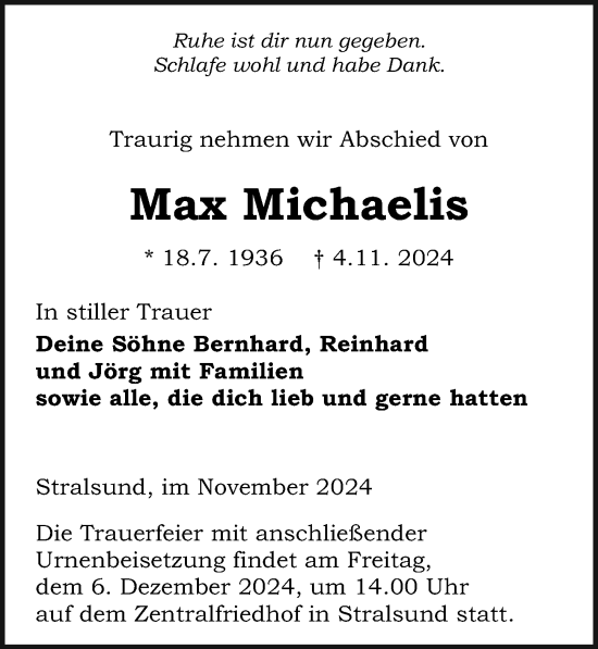 Traueranzeige von Max Michaelis von Ostsee-Zeitung GmbH