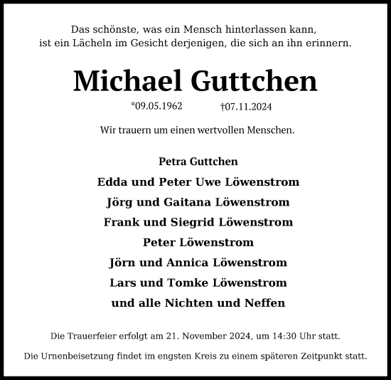 Traueranzeige von Michael Guttchen von Lübecker Nachrichten