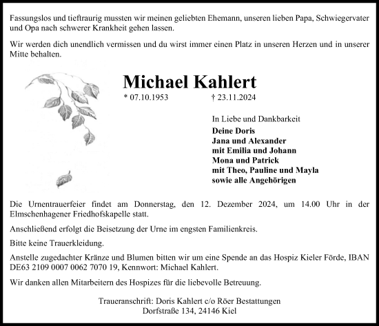 Traueranzeige von Michael Kahlert von Kieler Nachrichten