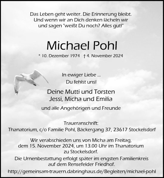 Traueranzeige von Michael Pohl von Lübecker Nachrichten