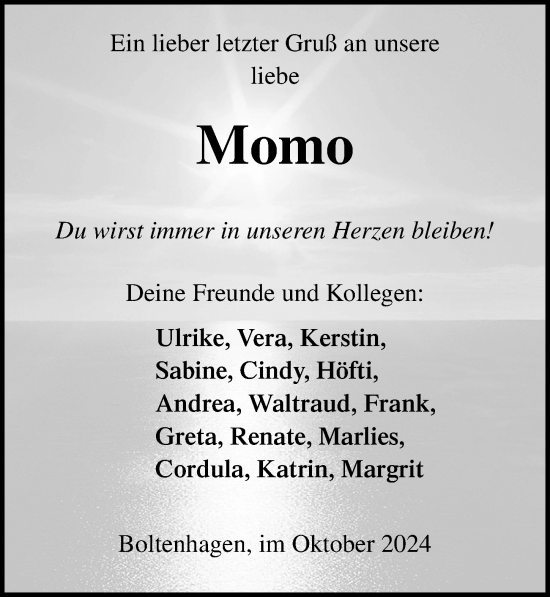 Traueranzeige von Momo  von Ostsee-Zeitung GmbH