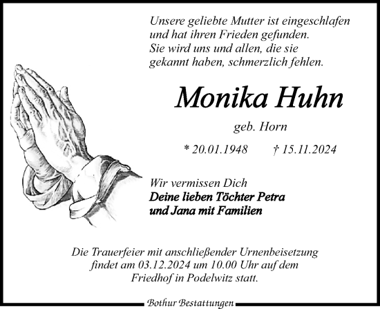 Traueranzeige von Monika Huhn von Leipziger Volkszeitung