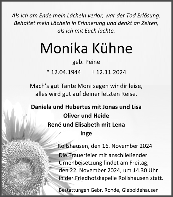 Traueranzeige von Monika Kühne von Eichsfelder Tageblatt