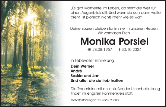 Traueranzeige von Monika Porsiel von Aller Zeitung