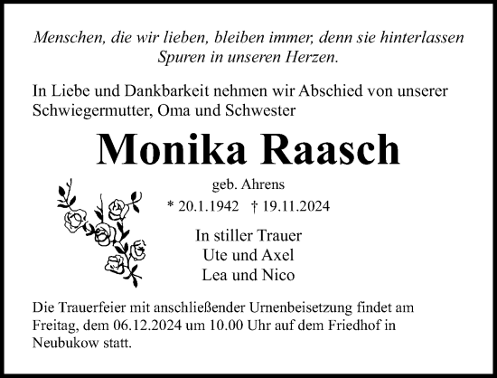 Traueranzeige von Monika Raasch von Ostsee-Zeitung GmbH