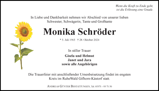 Traueranzeige von Monika Schröder von Aller Zeitung