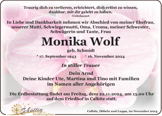 Traueranzeige von Monika Wolf von Leipziger Volkszeitung