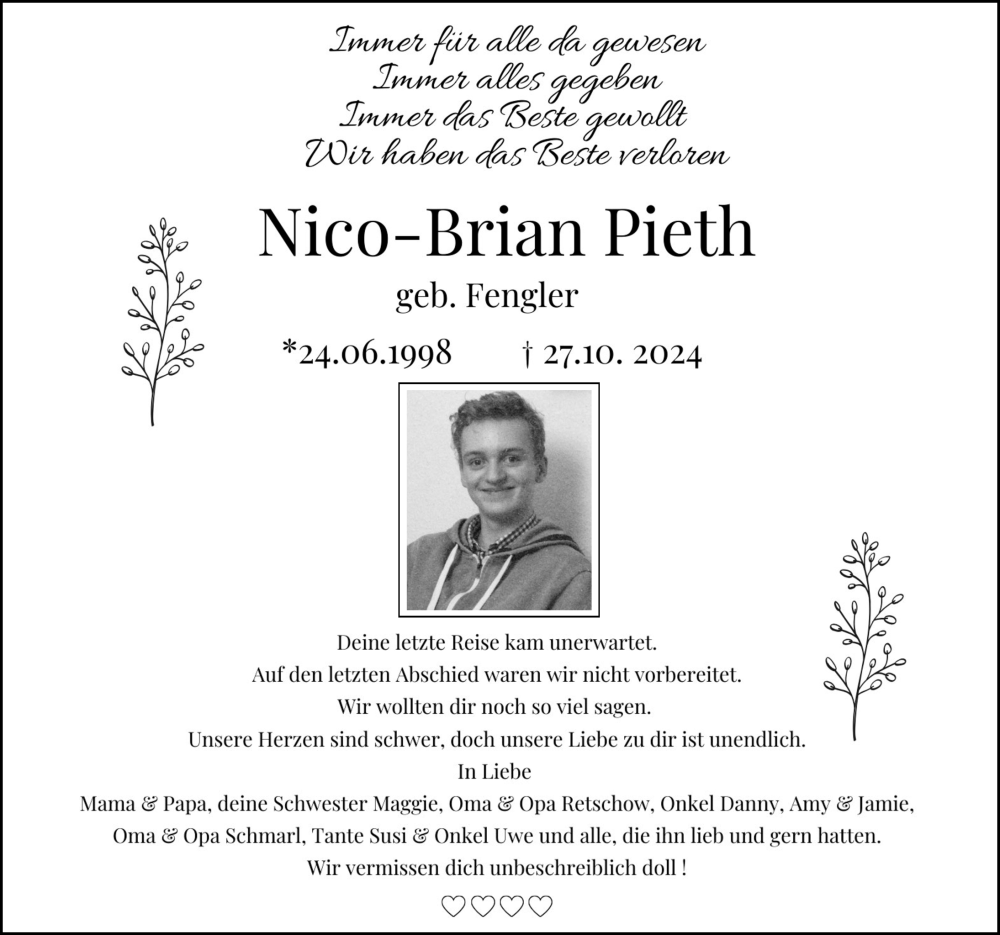  Traueranzeige für Nico-Brian Pieth vom 23.11.2024 aus Ostsee-Zeitung GmbH