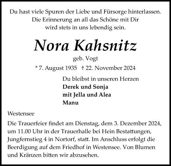 Traueranzeige von Nora Kahsnitz von Kieler Nachrichten