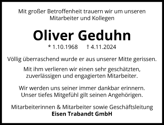 Traueranzeige von Oliver Geduhn von Peiner Allgemeine Zeitung