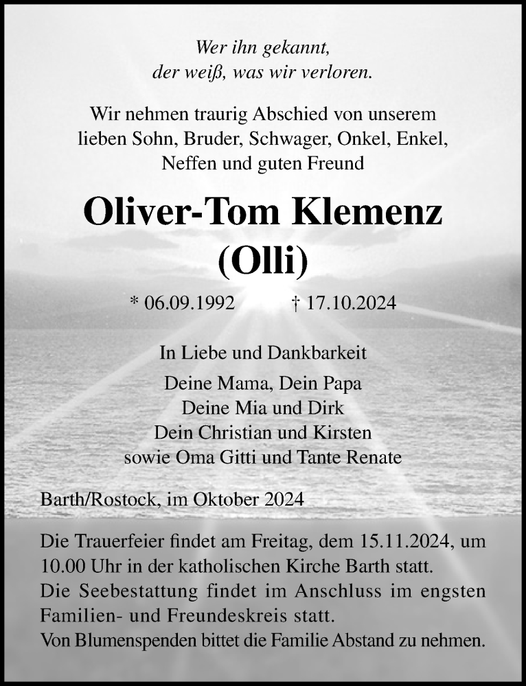  Traueranzeige für Oliver-Tom Klemenz vom 02.11.2024 aus Ostsee-Zeitung GmbH