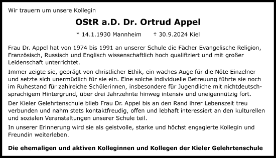 Traueranzeige von Ortrud Appel von Kieler Nachrichten