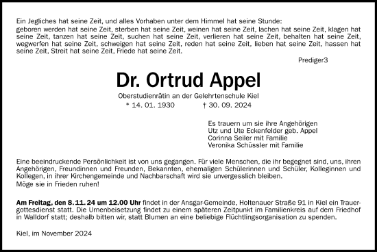 Traueranzeige von Ortrud Appel von Kieler Nachrichten