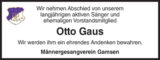 Traueranzeige von Otto Gaus von Aller Zeitung