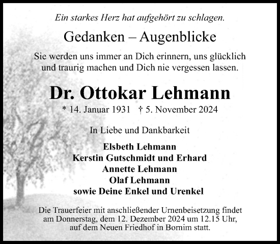 Traueranzeige von Ottokar Lehmann von Märkischen Allgemeine Zeitung