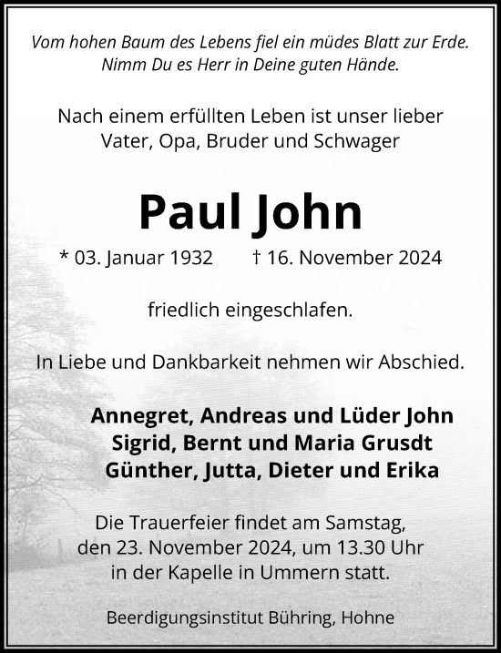 Traueranzeige von Paul John von Aller Zeitung