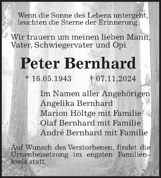 Traueranzeige von Peter Bernhard von Aller Zeitung