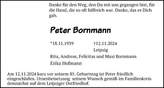 Traueranzeige von Peter Bornmann von Leipziger Volkszeitung